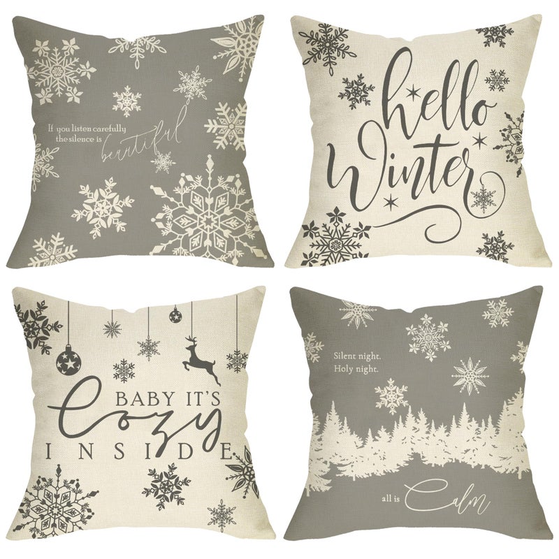Fjfz Hello Winter Grey White Decorative Throw Pillow Cover 18x18 Set of 4  Baby It's Cozy Inside Christmas Snowflake Home Decorations  Pine Tree Holiday Reindeer Farmhouse Cushion Case Decor for Couch - Image 1
